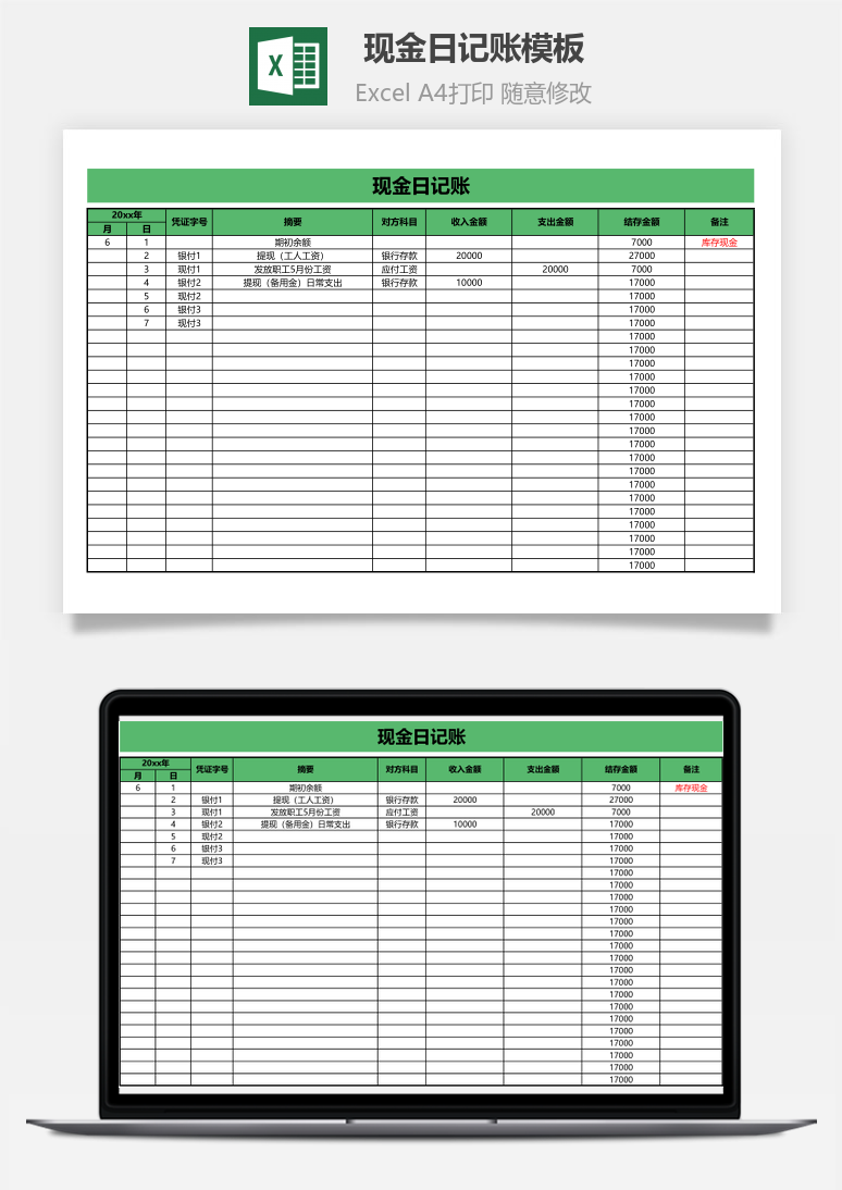 现金日记账模板自动统计Excel模板